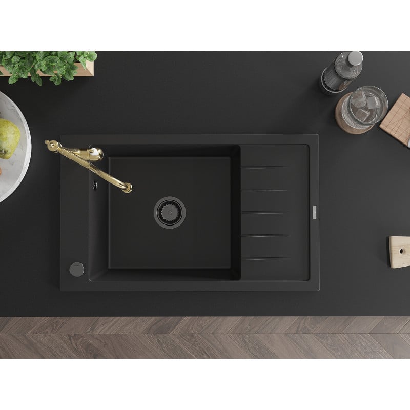 Mexen Elias lava-louça de granito 1-cuba com escorredor e torneira de cozinha Carla, preto - 6511-77-670700-50-B