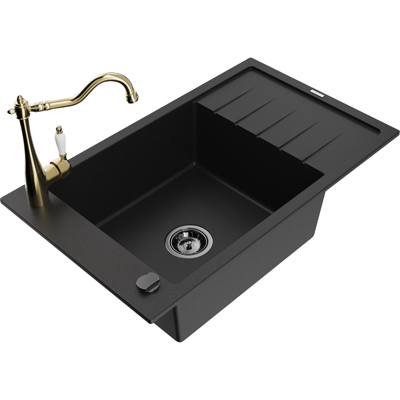 Mexen Elias lava-louça de granito 1-cuba com escorredor e torneira de cozinha Carla, preto - 6511-77-670700-50-B