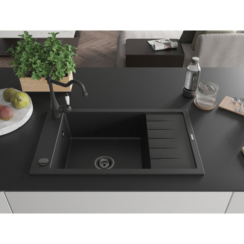 Mexen Elias granite kitchen sink single-bowl with drainer and Carla kitchen tap, black - 6511-77-670700-70-B