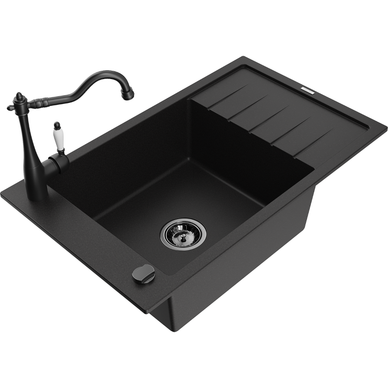 Mexen Elias granitdiskho 1-kammare med avtappningsbräda och köksblandare Carla, svart - 6511-77-670700-70-B