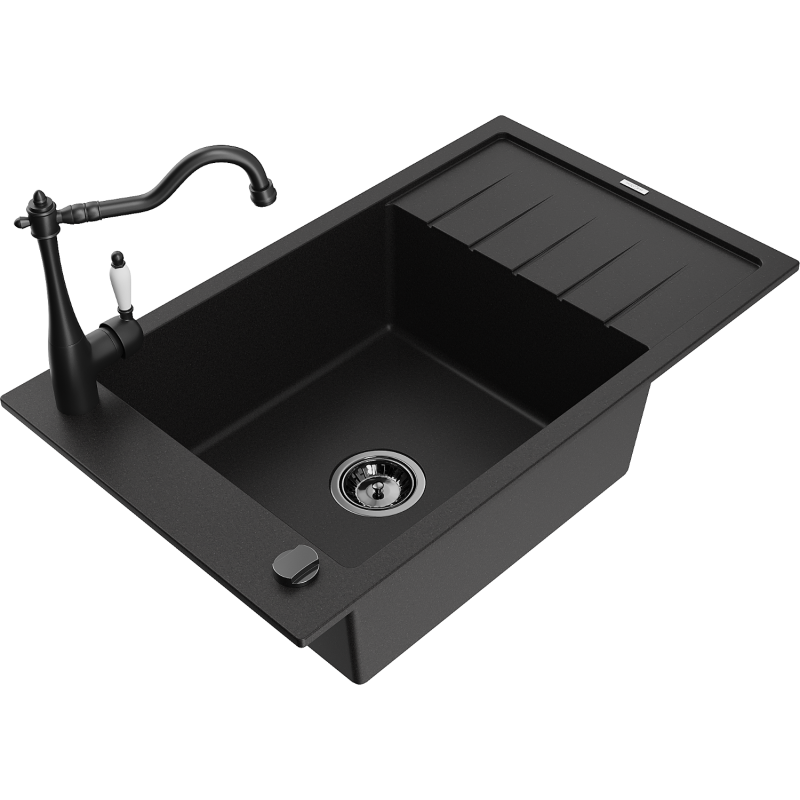 Mexen Elias granite kitchen sink single-bowl with drainer and Carla kitchen tap, black - 6511-77-670700-70-B