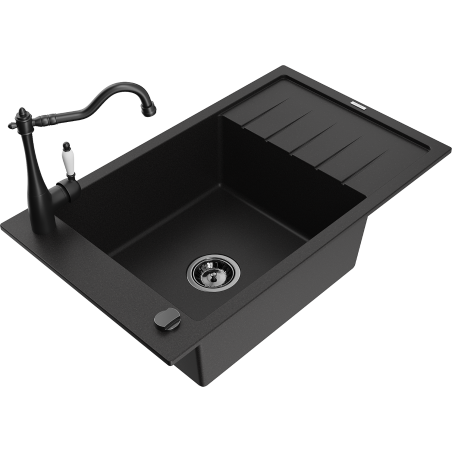 Mexen Elias granite kitchen sink 1-bowl with drainer and Carla kitchen faucet, black - 6511-77-670700-70-B