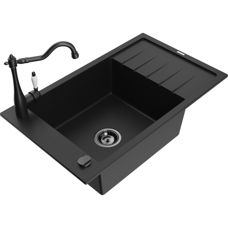 Mexen Elias granite kitchen sink single-bowl with drainer and Carla kitchen tap, black - 6511-77-670700-70-B
