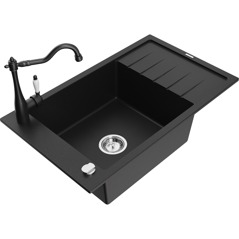 Mexen Elias fregadero de granito de 1 cubeta con escurridor y grifo de cocina Carla, negro - 6511-77-670700-70