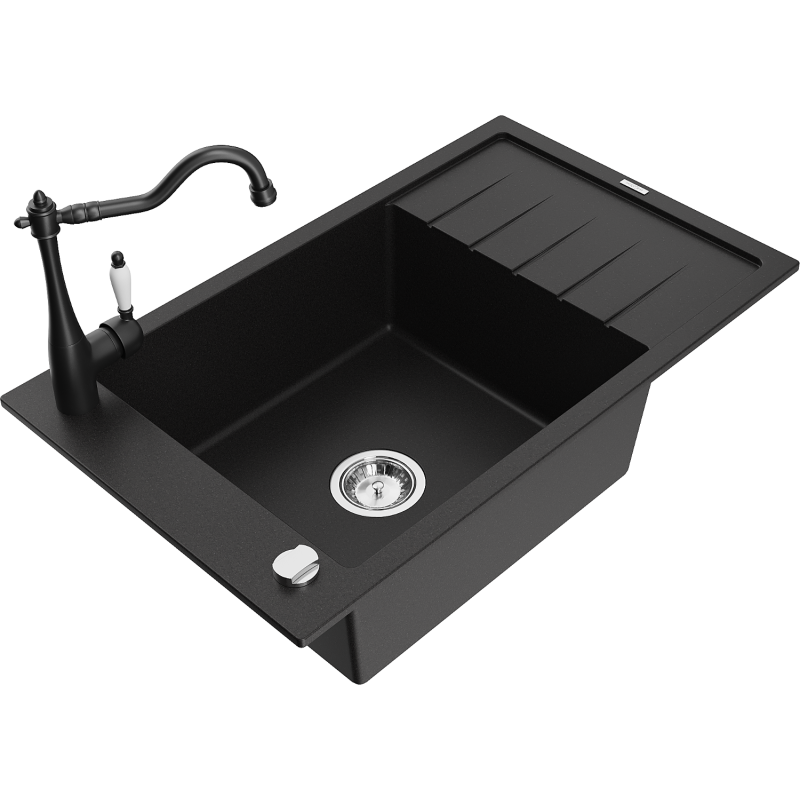 Mexen Elias granite sink 1-bowl with drainer and kitchen tap Carla, black - 6511-77-670700-70