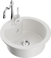 Mexen Diego granite sink 1-bowl with Carla kitchen tap, white - 6512-20-670700-00