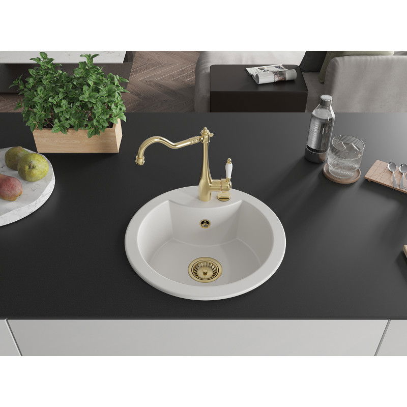 Mexen Diego 1-bowl granite sink with Carla kitchen tap, white - 6512-20-670700-50