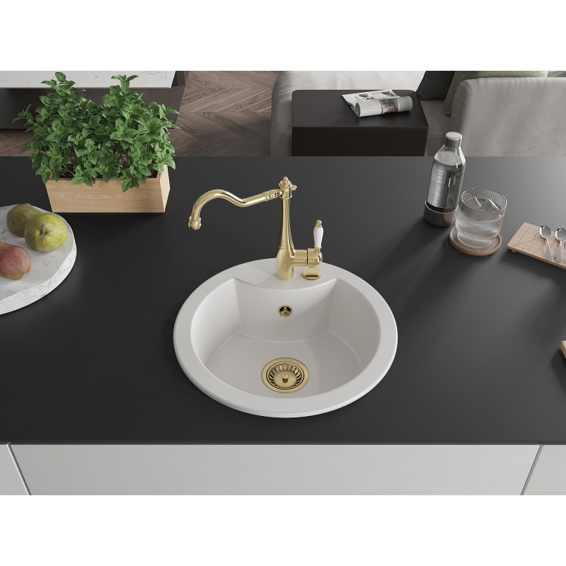 Mexen Diego fregadero de granito 1-cubeta con grifo de cocina Carla, blanco - 6512-20-670700-50