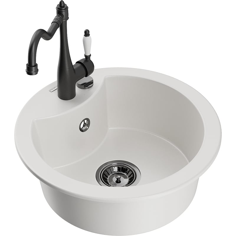 Mexen Diego single-bowl granite sink with Carla kitchen faucet, white - 6512-20-670700-70
