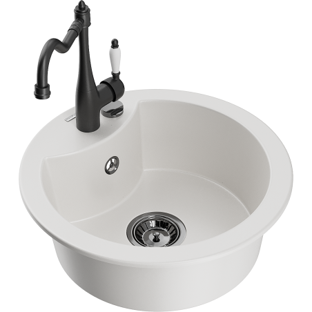 Mexen Diego single-bowl granite sink with Carla kitchen faucet, white - 6512-20-670700-70