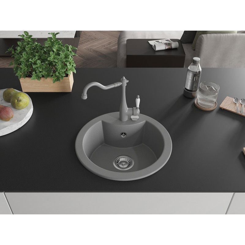 Mexen Diego granite sink 1-bowl with Carla kitchen tap, grey - 6512-71-670700-71