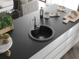 Mexen Diego single-bowl granite sink with Carla kitchen tap, black/silver metallic - 6512-73-670700-00