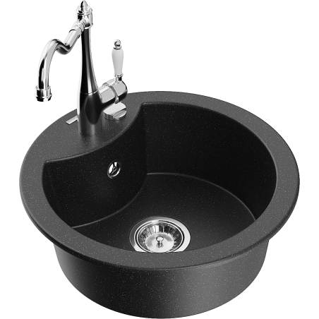 Mexen Diego single-bowl granite sink with Carla kitchen tap, black/silver metallic - 6512-73-670700-00