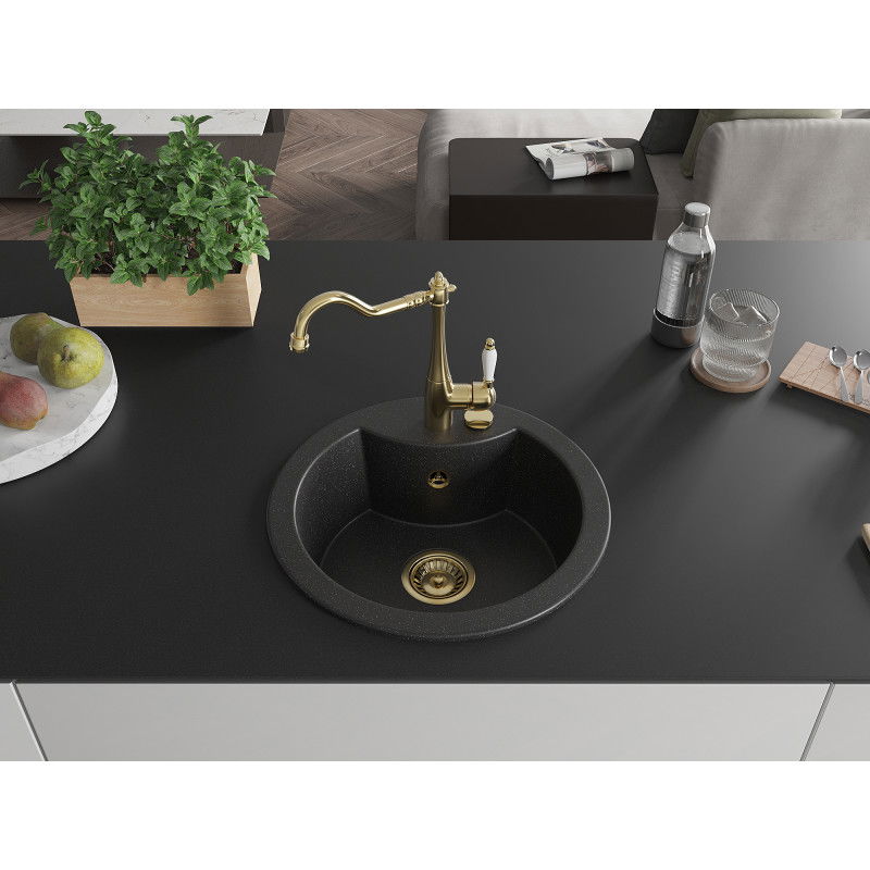 Mexen Diego 1-bowl granite sink with Carla kitchen tap, black/silver metallic - 6512-73-670700-50