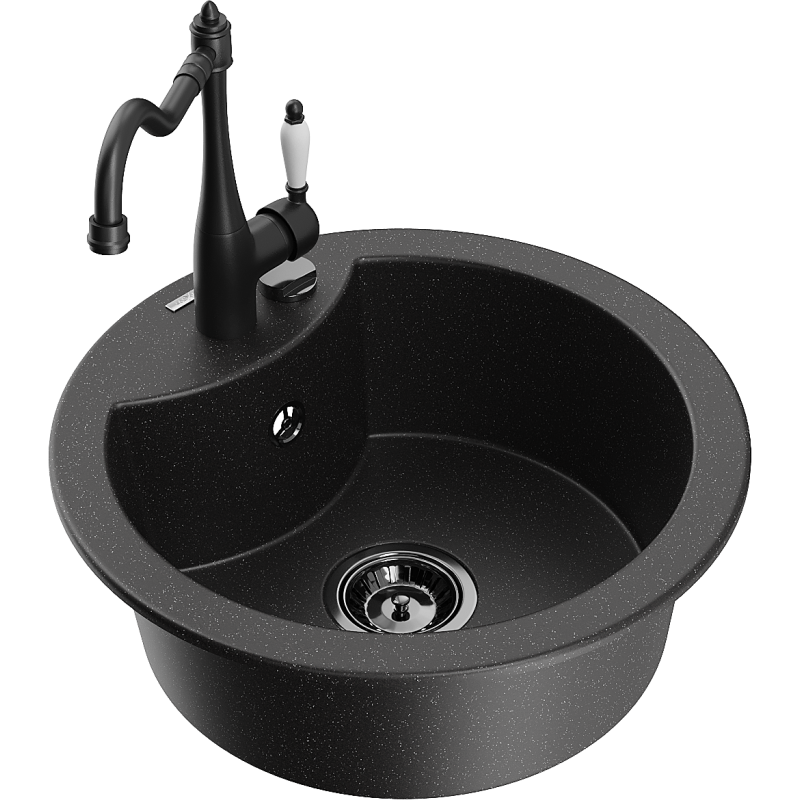 Mexen Diego granite sink 1-bowl with Carla kitchen tap, black/silver metallic - 6512-73-670700-70-B