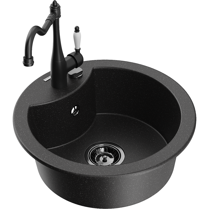 Mexen Diego lava-loiça de granito de 1 cuba com torneira de cozinha Carla, preto/metalizado prateado - 6512-73-670700-70-B