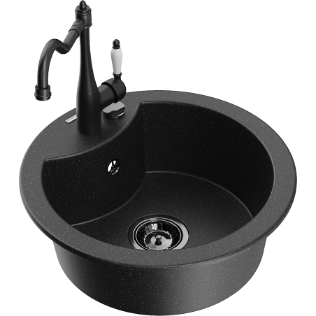 Mexen Diego granite sink 1-bowl with Carla kitchen tap, black/silver metallic - 6512-73-670700-70-B