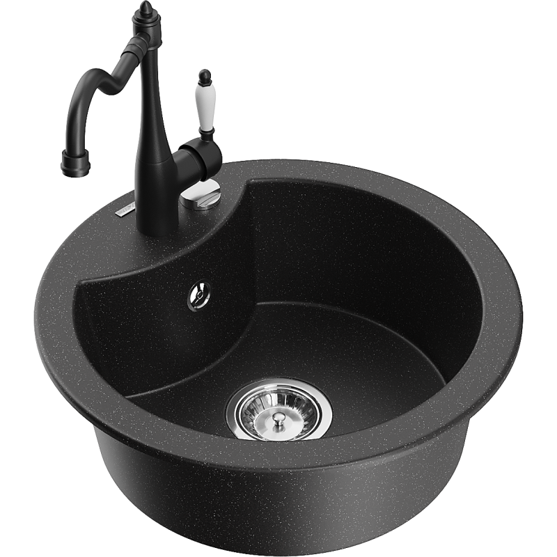 Mexen Diego 1-bowl granite sink with Carla kitchen tap, black/silver metallic - 6512-73-670700-70