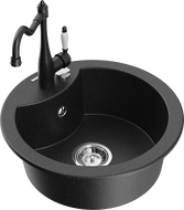 Mexen Diego 1-bowl granite kitchen sink with Carla faucet, black/silver metallic - 6512-73-670700-70