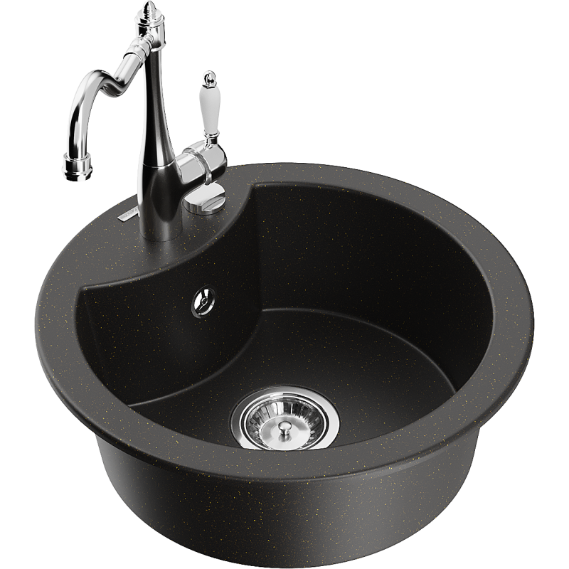 Mexen Diego granieten gootsteen 1-kamerig met keukenkraan Carla, zwart/goud metallic - 6512-75-670700-00