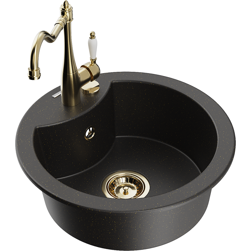 Mexen Diego fregadero de granito de 1 seno con grifo de cocina Carla, negro/oro metálico - 6512-75-670700-50