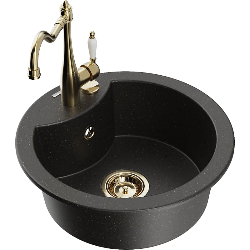 Mexen Diego granite kitchen sink 1-bowl with kitchen faucet Carla, black/gold metallic - 6512-75-670700-50