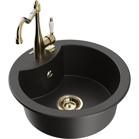 Mexen Diego fregadero de granito de 1 seno con grifo de cocina Carla, negro/oro metálico - 6512-75-670700-50
