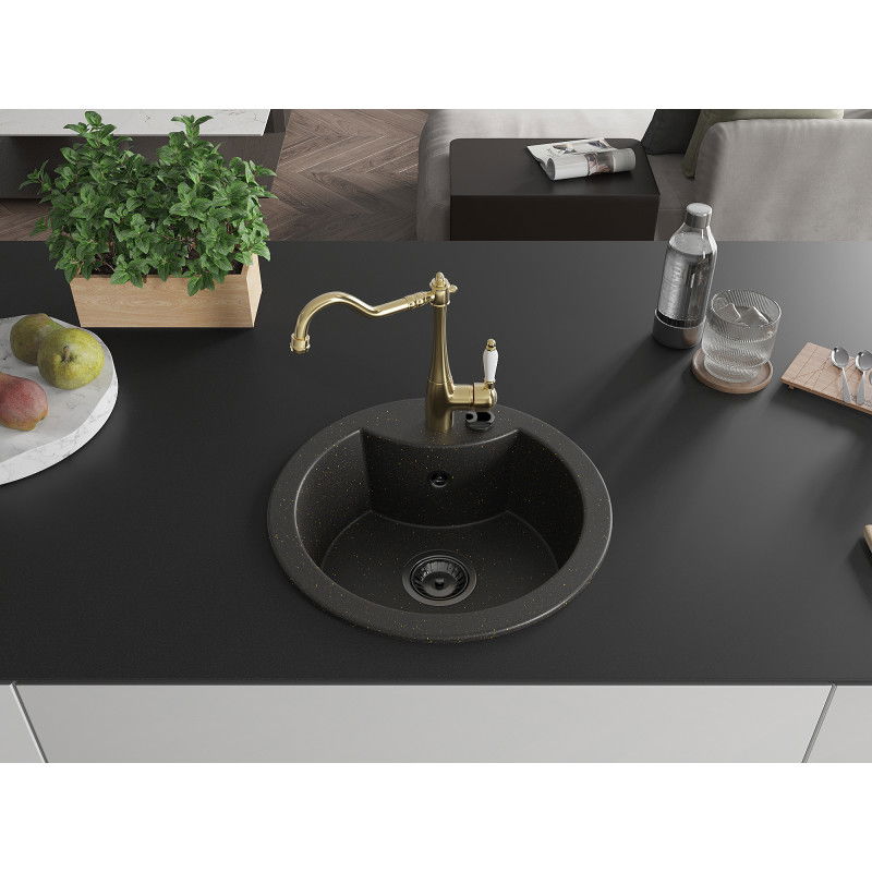 Mexen Diego 1-bowl granite sink with Carla kitchen tap, black/gold metallic - 6512-75-670700-50-B