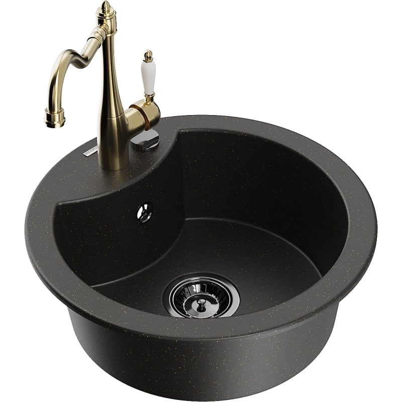 Mexen Diego 1-bowl granite kitchen sink with Carla kitchen faucet, black/gold metallic - 6512-75-670700-50-B
