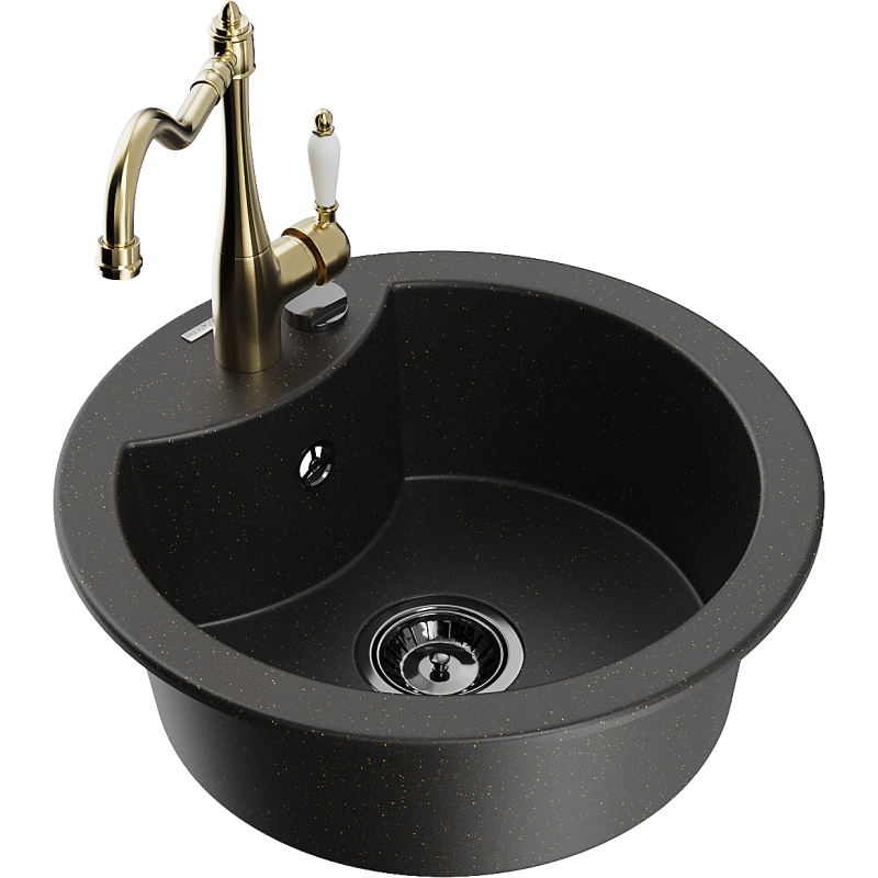 Mexen Diego fregadero de granito de 1 compartimento con grifo de cocina Carla, negro/dorado metálico - 6512-75-670700-50-B