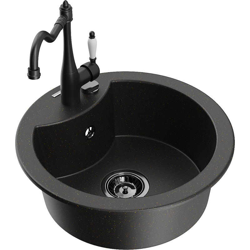 Mexen Diego fregadero de granito de 1 seno con grifo de cocina Carla, negro/dorado metálico - 6512-75-670700-70-B