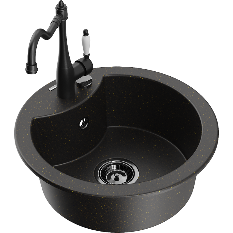 Mexen Diego single-bowl granite sink with Carla kitchen tap, black/gold metallic - 6512-75-670700-70-B