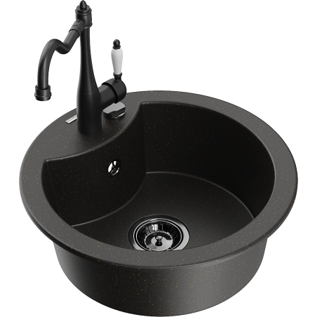 Mexen Diego single-bowl granite sink with Carla kitchen tap, black/gold metallic - 6512-75-670700-70-B