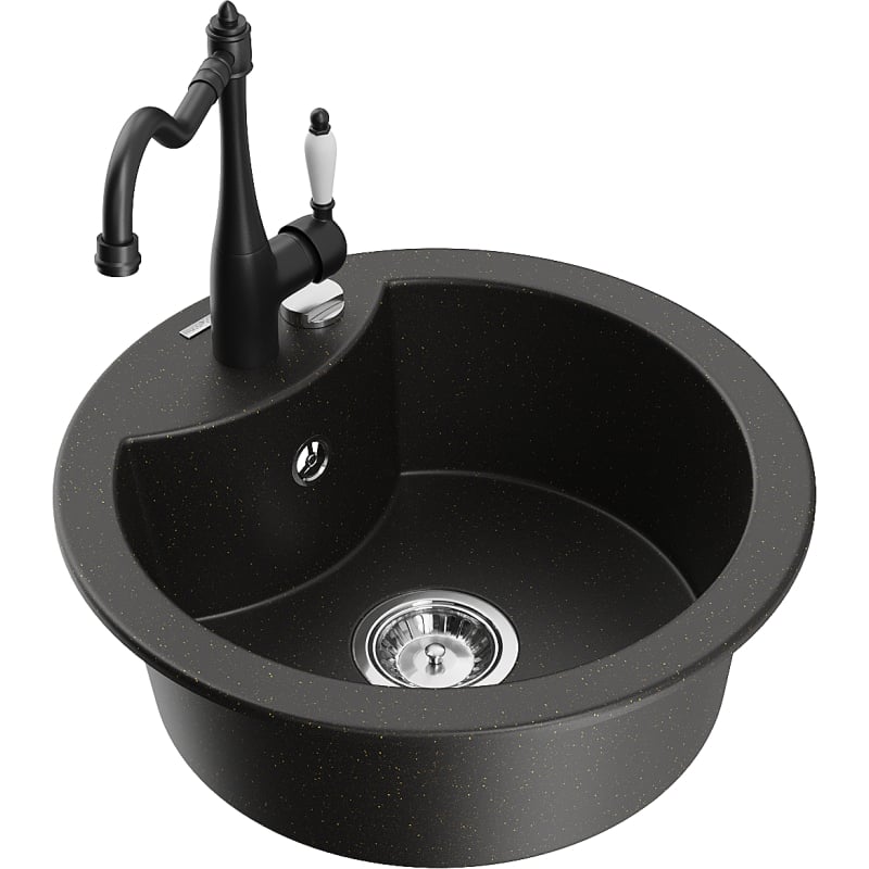 Mexen Diego fregadero de granito de 1 cubeta con grifo de cocina Carla, negro/oro metálico - 6512-75-670700-70
