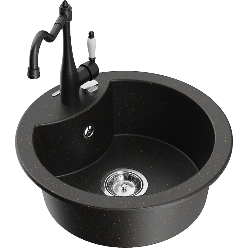 Mexen Diego fregadero de granito de 1 seno con grifo de cocina Carla, negro/oro metálico - 6512-75-670700-70