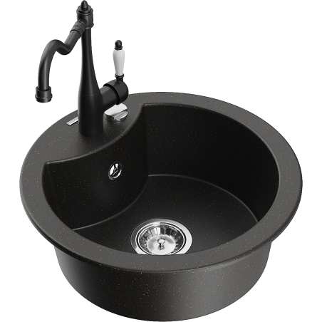 Mexen Diego fregadero de granito de 1 cubeta con grifo de cocina Carla, negro/oro metálico - 6512-75-670700-70