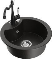 Mexen Diego single-bowl granite sink with Carla kitchen tap, black/gold metallic - 6512-75-670700-70