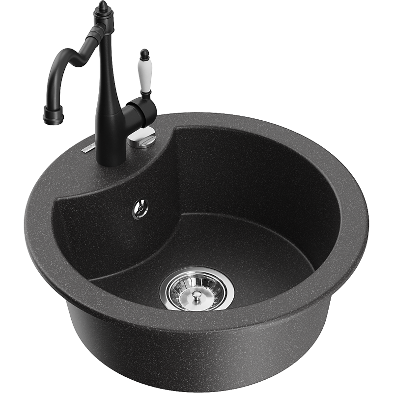 Mexen Diego 1-Bowl Granite Kitchen Sink with Carla Tap, Black Spotted - 6512-76-670700-70
