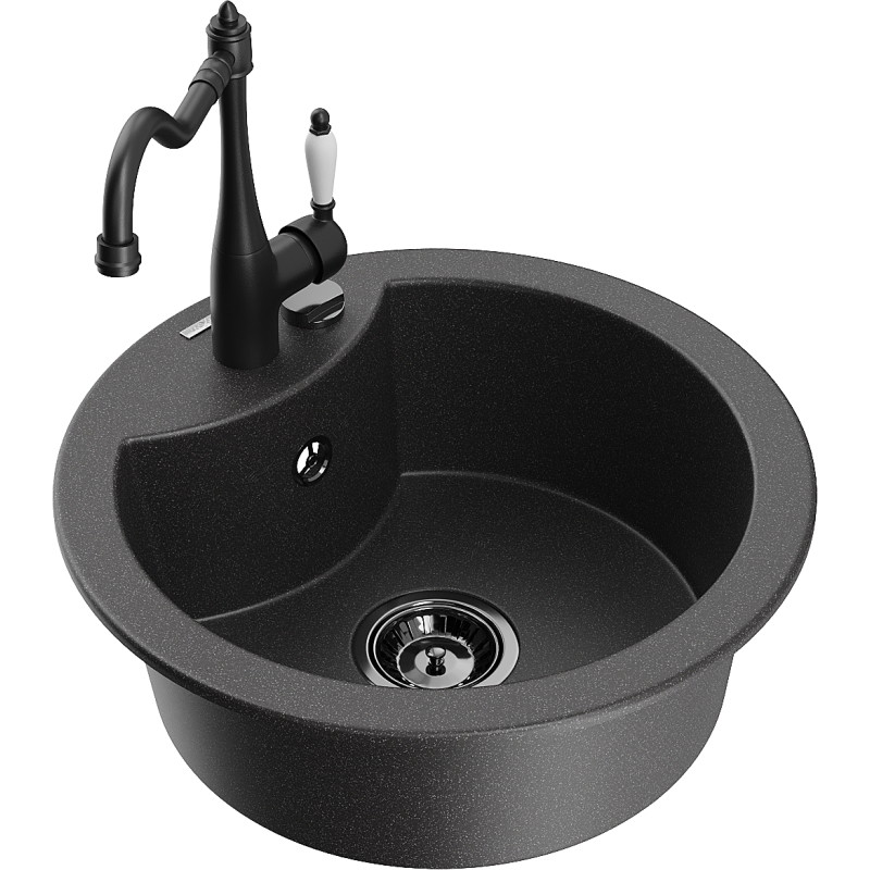Mexen Diego fregadero de granito de 1 compartimento con grifo de cocina Carla, negro moteado - 6512-76-670700-70-B