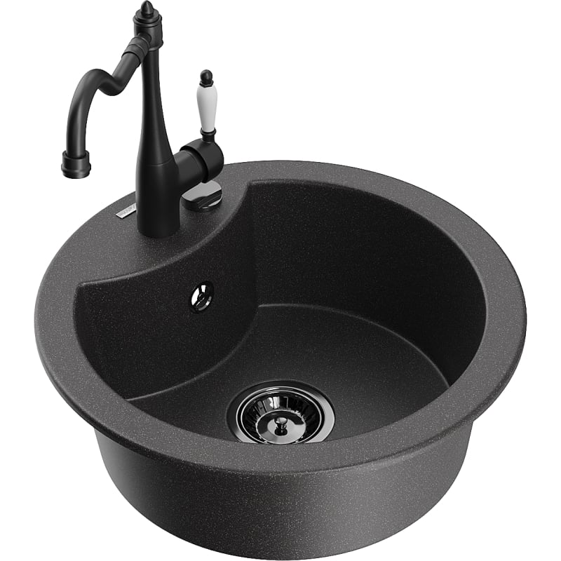 Mexen Diego granite kitchen sink with 1 bowl and kitchen faucet Carla, black speckled - 6512-76-670700-70-B