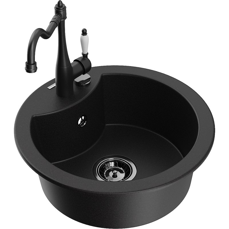 Mexen Diego 1-Bowl Granite Sink with Carla Kitchen Tap, Black - 6512-77-670700-70-B