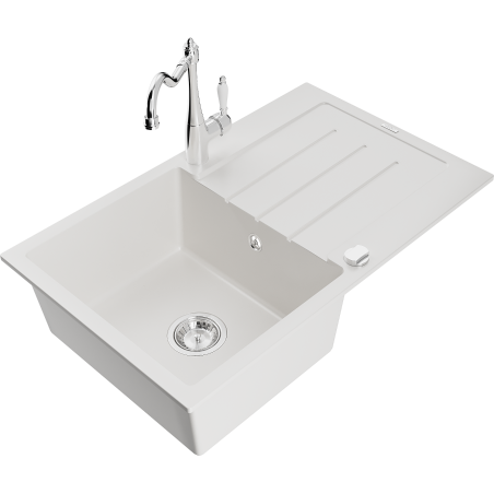 Mexen Bruno granite kitchen sink 1-bowl with drainer and Carla kitchen tap, white - 6513-20-670700-00