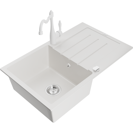 Mexen Bruno 1-bowl granite sink with drainer and Carla kitchen tap, white - 6513-20-670700-20