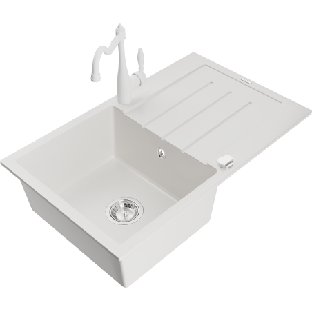 Mexen Bruno Granit-Spullbëcken, een Dusche mat enger Kichenkraan Carla, wäiss - 6513-20-670700-20