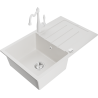 Mexen Bruno 1-bowl granite sink with drainer and Carla kitchen tap, white - 6513-20-670700-20