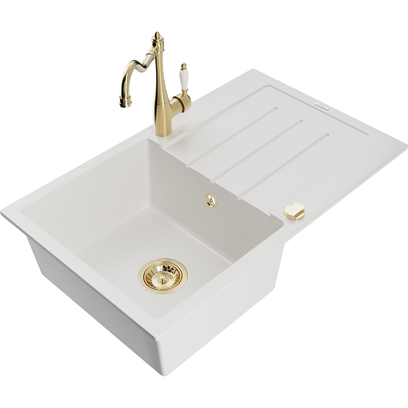 Mexen Bruno fregadero de granito de 1 cubeta con escurridor y grifo de cocina Carla, blanco - 6513-20-670700-50