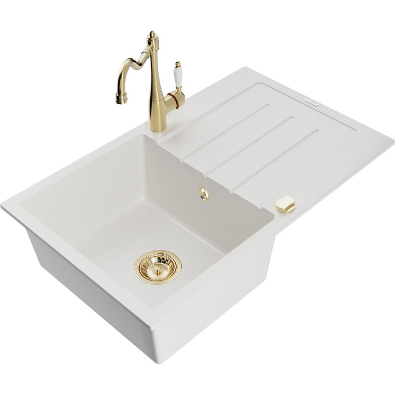 Mexen Bruno fregadero de granito de 1 tazón con escurridor y grifo de cocina Carla, blanco - 6513-20-670700-50