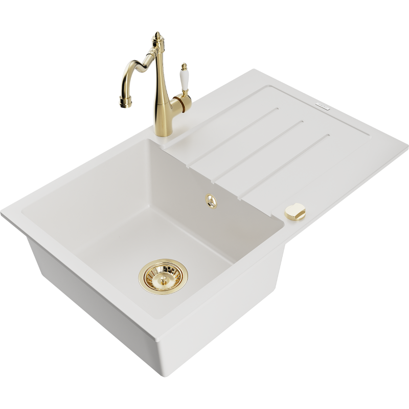 Mexen Bruno lava-louça de granito de 1 bacia com escorredor e torneira de cozinha Carla, branco - 6513-20-670700-50