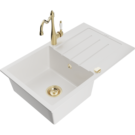 Mexen Bruno fregadero de granito de 1 cubeta con escurridor y grifo de cocina Carla, blanco - 6513-20-670700-50
