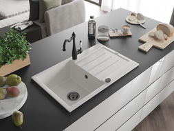 Mexen Bruno fregadero de granito de 1 cubeta con escurridor y grifo de cocina Carla, blanco - 6513-20-670700-70